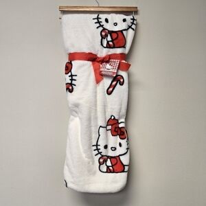 Sanrio Hello Kitty Christmas Candy Cane Faux Rabbit Fur Throw Blanket